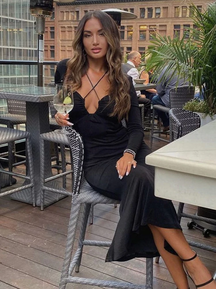 Long Sleeve Halter Maxi Dress Elegant Outfits Club Party Sexy Backless Prom Dresses - View 2 | FashionDia
