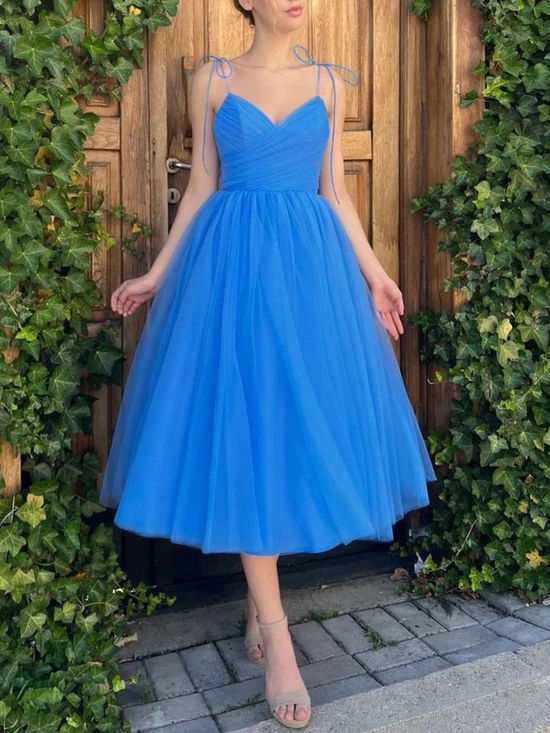 Simple V-Neck blue tulle party dress lovely teen girls party dress - FashionDia