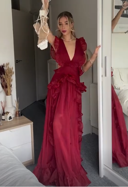 Sexy Burgundy Deep V-Neck Chiffon Ruffles Slit Party Dress Long Prom Evening Dress - View 5 | FashionDia