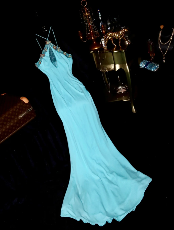 Classy Blue Satin Appliques Mermaid Party Dress Long Evening Dress - FashionDia