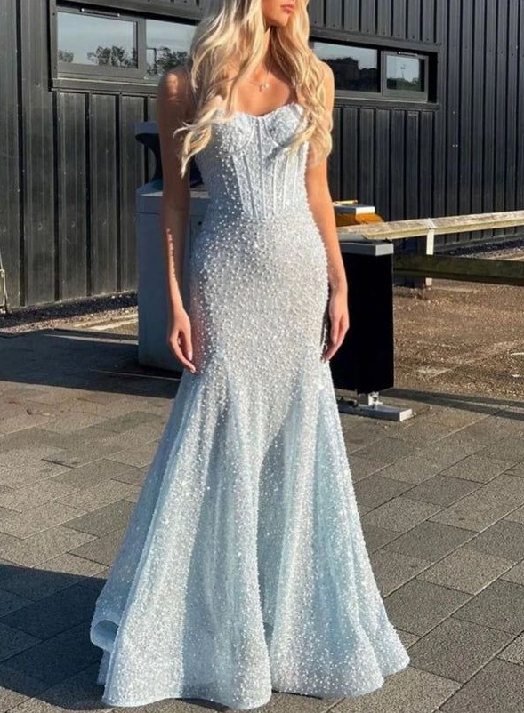 Sparkly Blue Sequin Pearls Beaded Mermaid Evening Dress,Spaghetti Straps Long Prom Party Dress