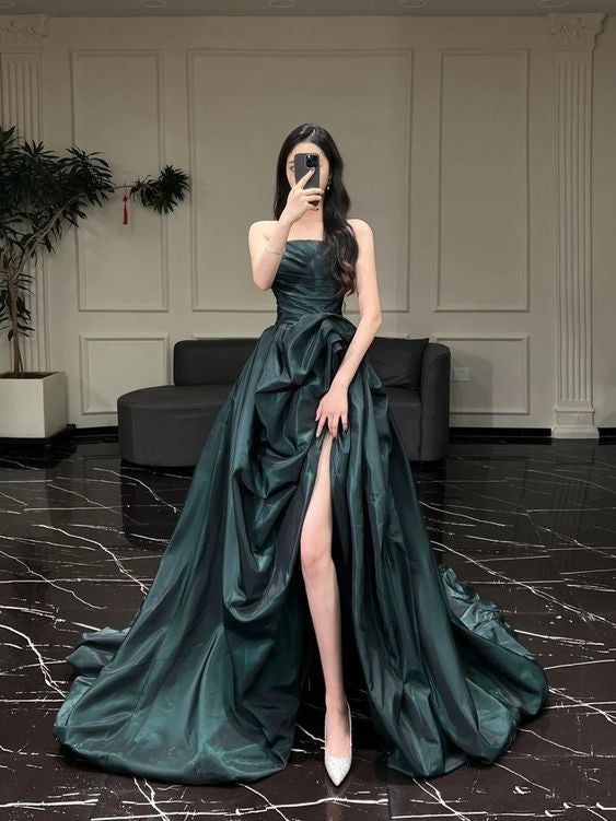 Vintage Green Strapless Satin Prom Dress,Formal Prom Dress Party Dress