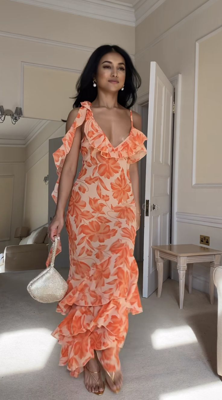 Charming Orange Chiffon Print Floral Evening Gown V-Neck Ruffles Party Prom Dress - FashionDia