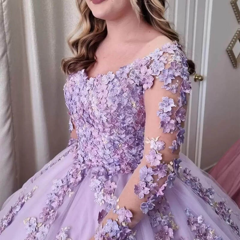 Lilac Ball Gown 3D Floral Lace Applique Long Sleeve Special Occasion Dress Sweet 16 Dress - View 2 | FashionDia
