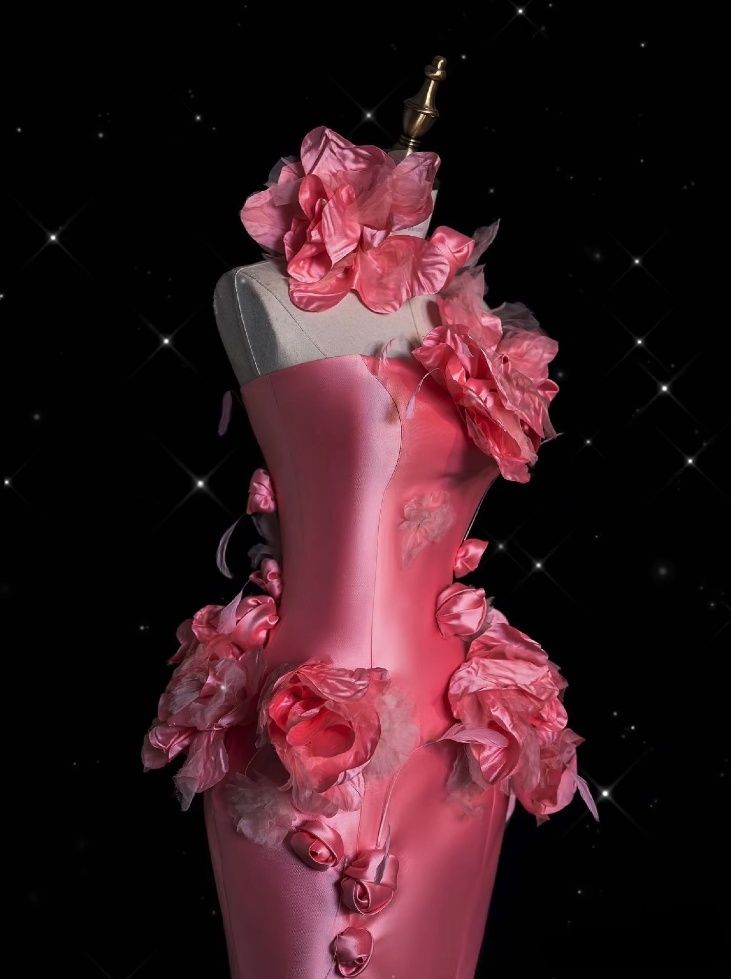 Pretty Pink Satin Mermaid Evening Dress,3D Flowers Long Party Prom Dress - View 2 | FashionDia