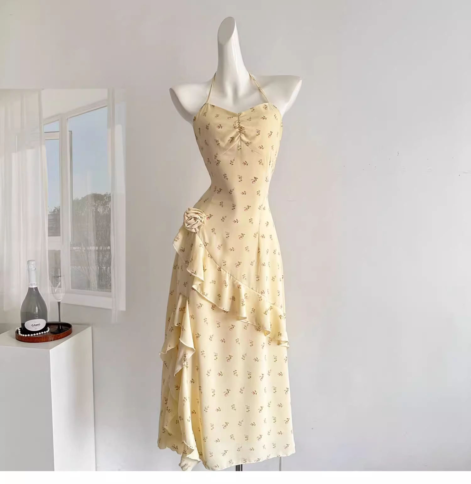 Sweet Slit Irregular Yellow Floral Vacation Dress Two-Piece