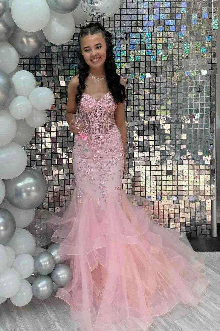 Pretty Strapless Pink Tulle Appliques Beaded Mermaid Party Dress Long Evening Gown - View 4 | FashionDia