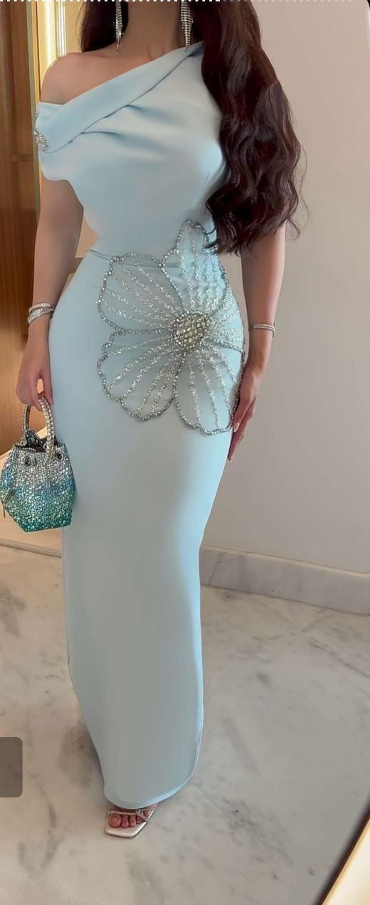 Classy One Shoulder Satin Beaded Prom Dress,Blue Formal Party Dress Evening Gown