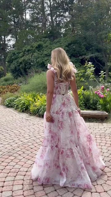 Classy Rose Print Floral Chiffon A-Line Prom Evening Dress,Long Party Gown - View 2 | FashionDia