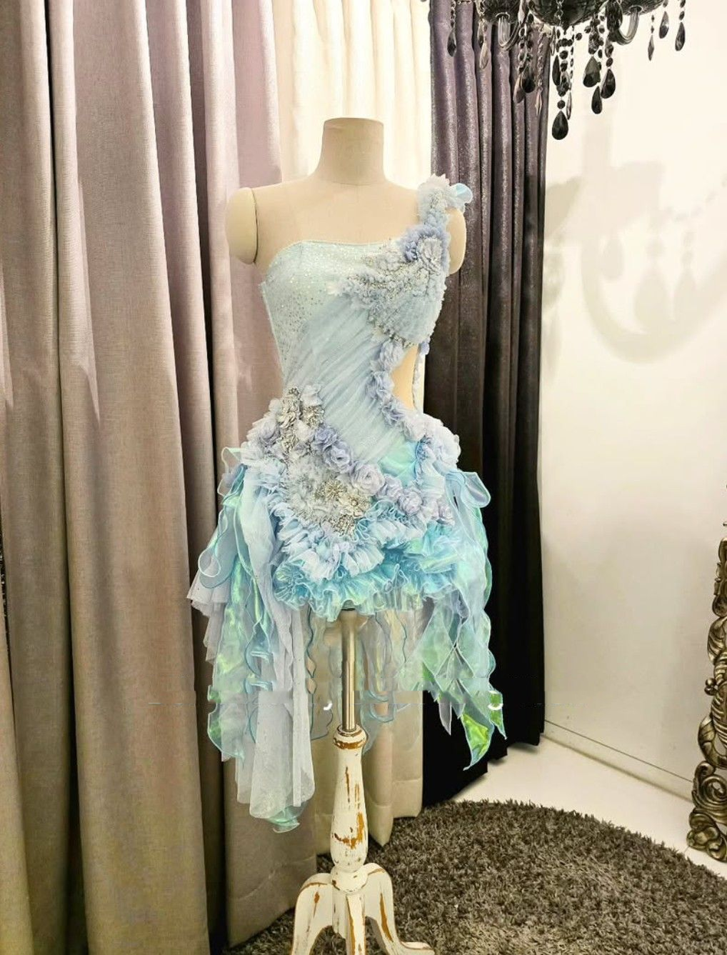 Elegant Blue One-Shoulder Tulle Flowers Short Prom Dress Formal 8th Grade Homecoming Dress - View 2 | FashionDia