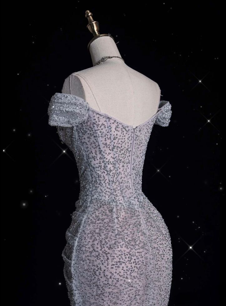 Sparkly Lilac Tulle Beaded Mermaid Off The Shoulder Evening Dress Long Prom Dress Y8054 - View 4 | VelvetHem