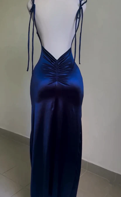 Spaghetti Straps Sheath Prom Dress Navy Blue Backless Party Evening Dress