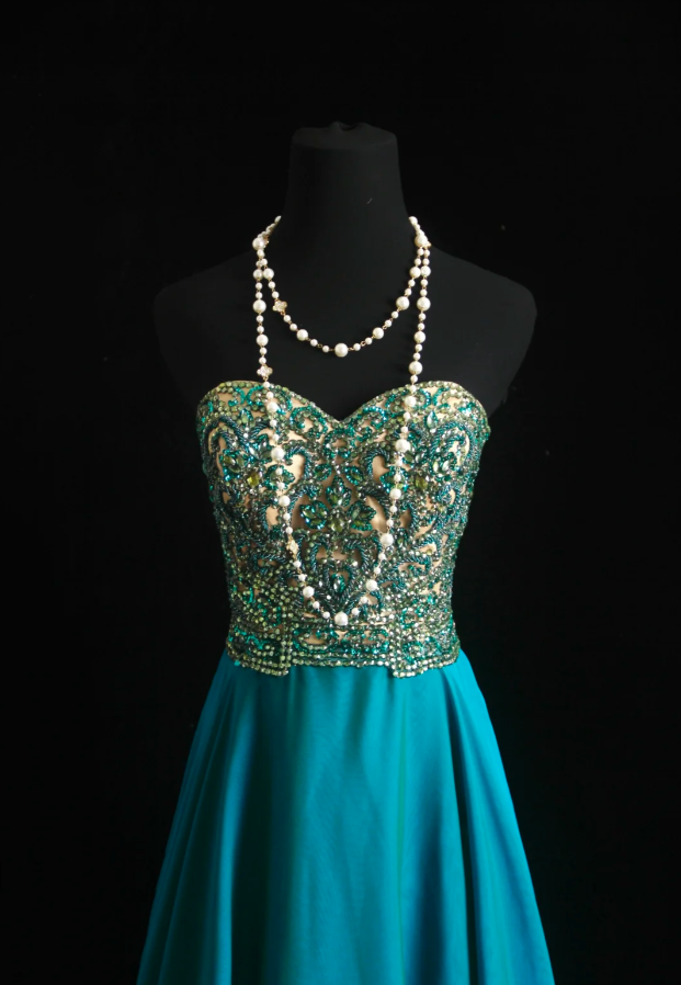 Unique Blue Green Strapless Satin Beaded Long Wedding Guest Dress Formal Birthday Party Dress Prom Gown - View 2 | FashionDia