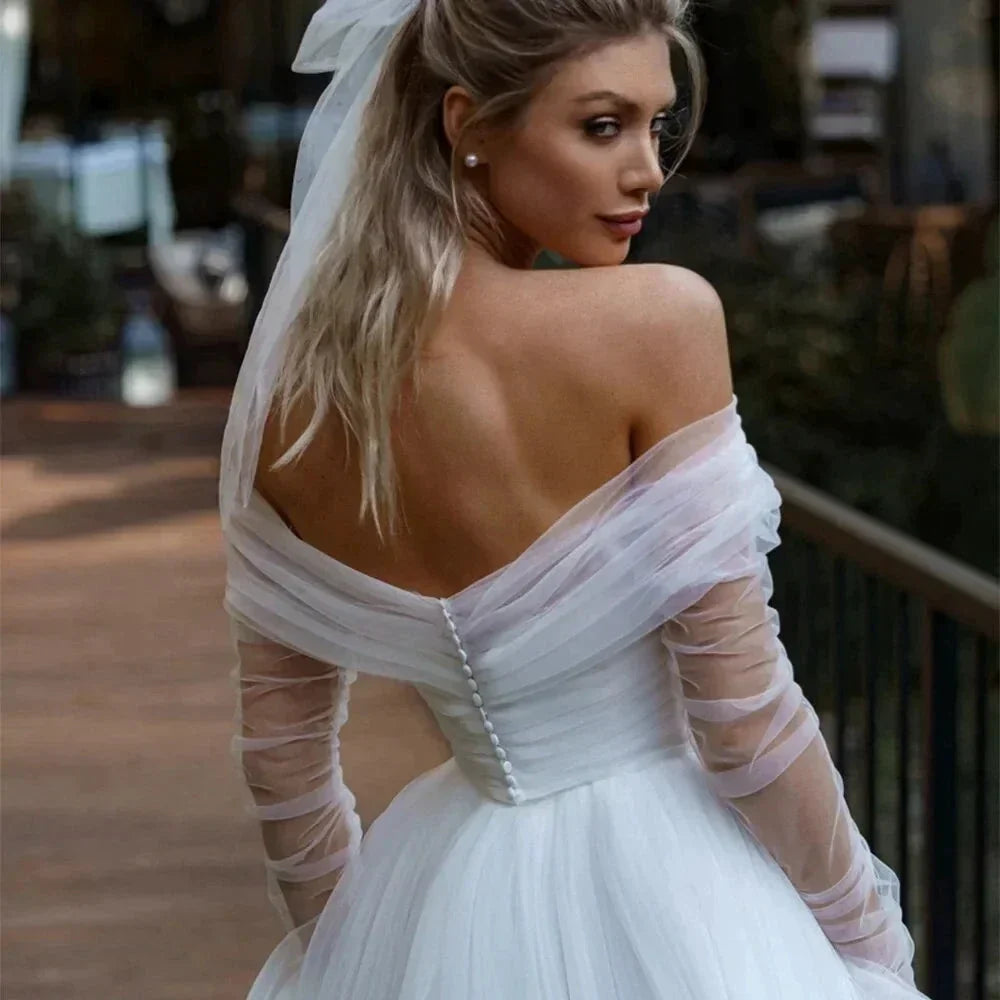 Simple Tulle Long Sleevees Wedding Dresses 2023 For Bridal Off Shoulder Backless A-Line Sweep Train Boho Vestido De Novia (ZD13435)