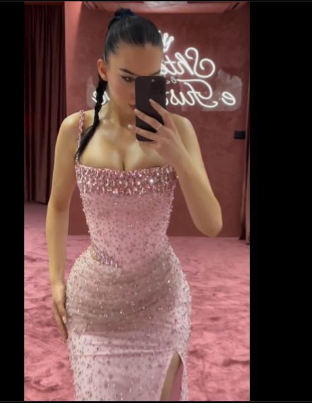 Gorgeous Pink Beaded Mermaid Slit Prom Dress Evening Dress