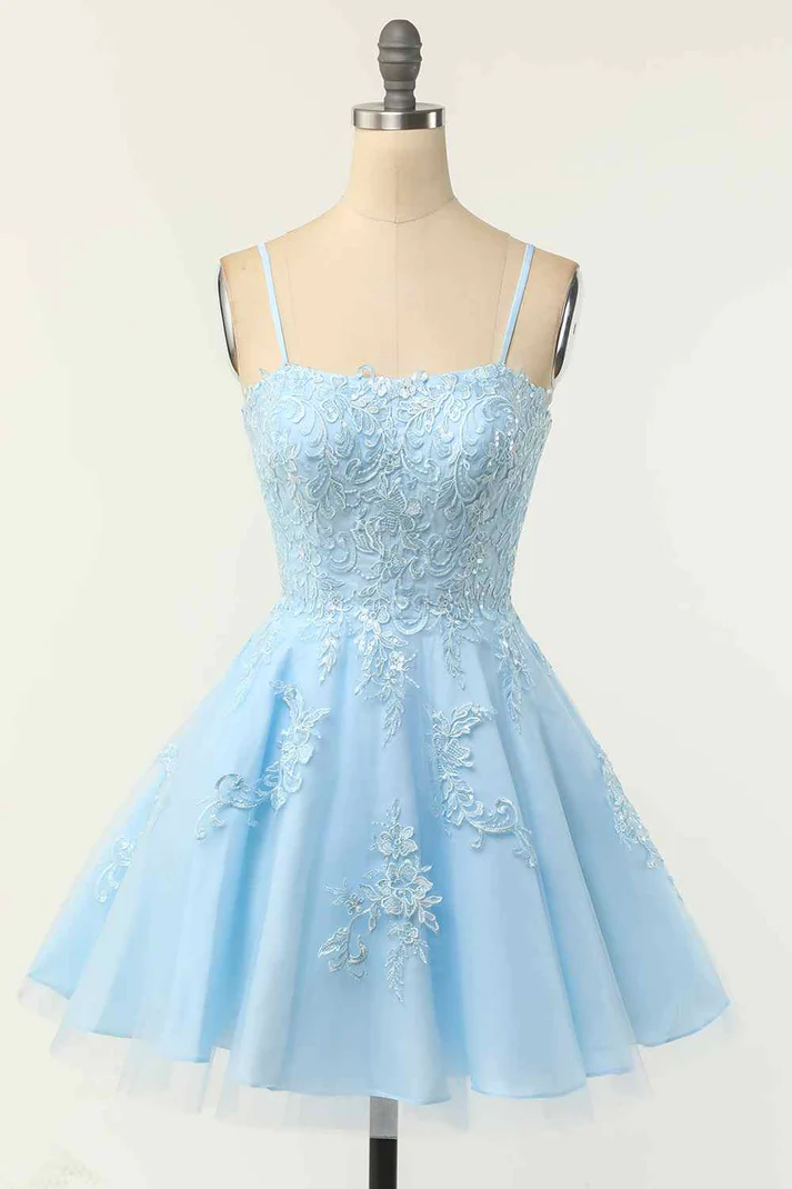 Light Blue A-Line Spaghetti Straps Lace-Up Back Applique Mini Homecoming Dress - FashionDia