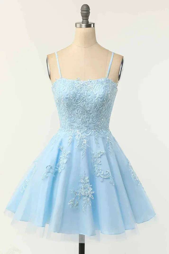 Light Blue A-line Spaghetti Straps Lace-Up Back Applique Mini Homecoming Dress Y2417 by simplepromdress