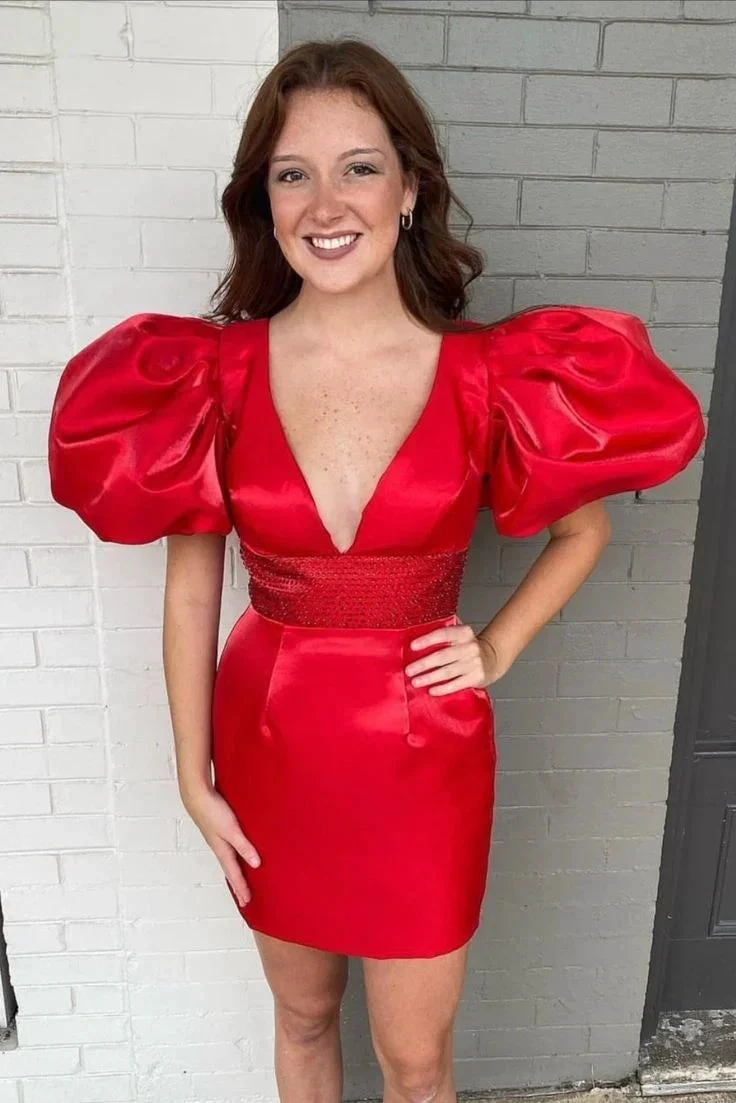 Red Satin Homecoming Dress with Puff Sleeves Red Party Dress Y2296 by simplepromdress