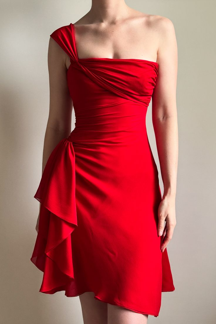 One Shoulder Sexy Satin Pleated Red Short Party Dress Homecoming Dress Cocktail Dress