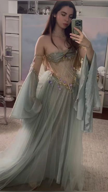 Classy Gray Blue Tulle Appliques Evening Dress,Off Shoulder Prom Party Gown
