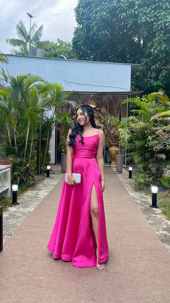 Hot Pink A-Line Long Prom Dress With Split, Senior Prom Dress - View 2 | FashionDia
