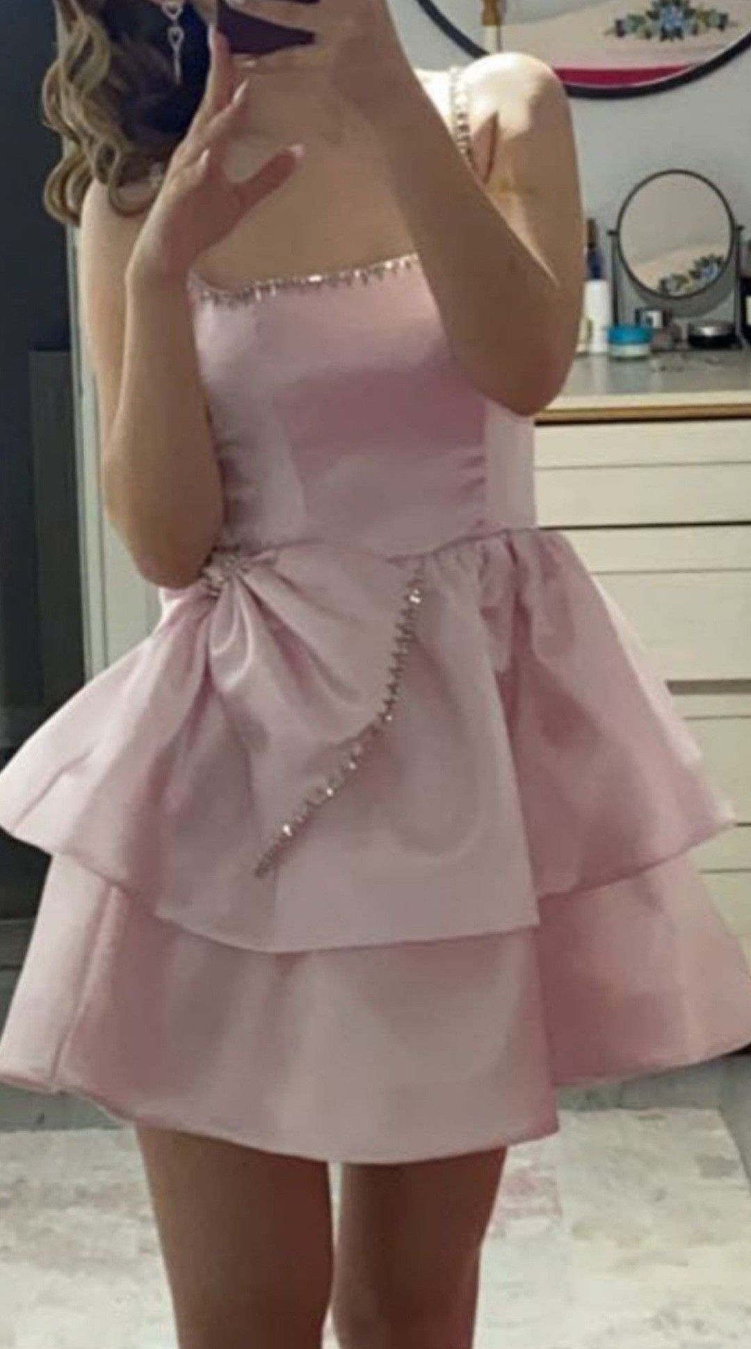 Sweet Pink Satin Beaded Layered A-Line Formal Homecoming Dress Birthday Outfits - FashionDia