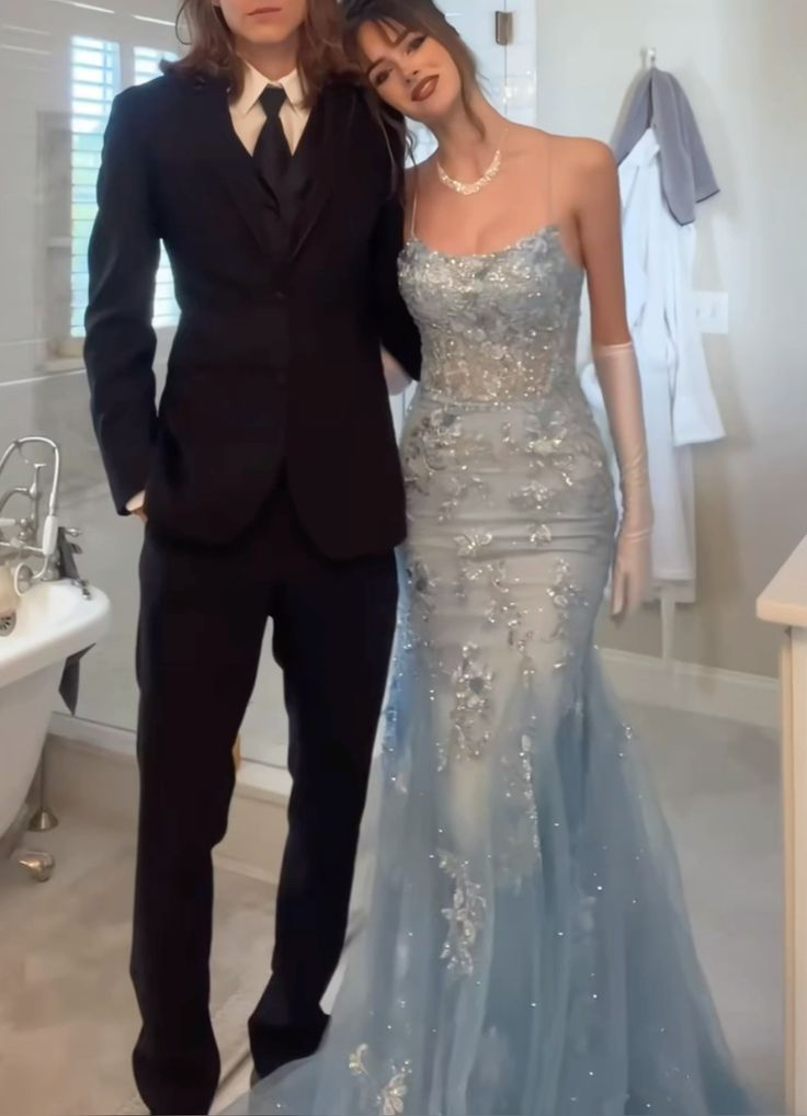Pretty Spaghetti Straps Blue Tulle Sequin Appliques Mermaid Evening Dress Birthday Party Gown - FashionDia