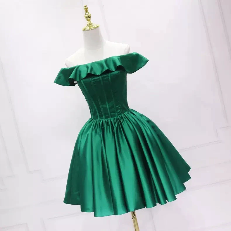 Dark Green Satin Homecoming Dress Rufflues Neckline s50 by simplepromdress