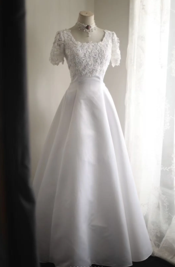 Classy Lace Appliques Satin A-Line White Long Wedding Dress - FashionDia