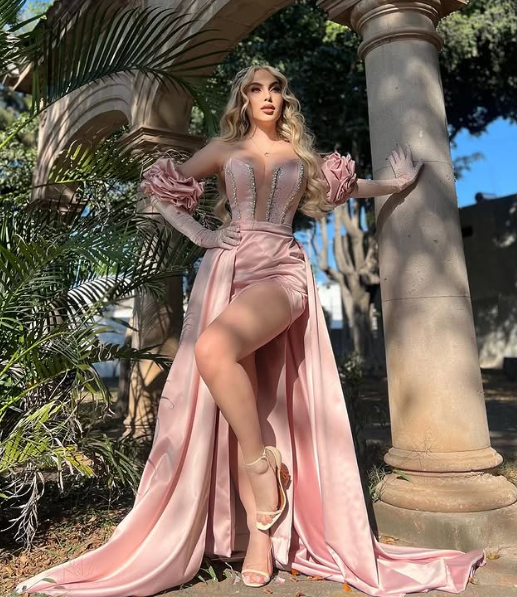 Gorgeous Pink Satin Beaded Slit Mermaid Prom Dress,Strapless Party Evening Dress With Gloves - FashionDia