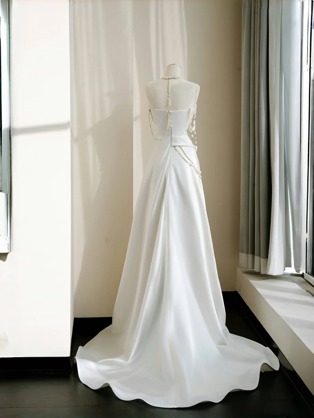 Classy Strapless Satin Pearls Chain White Prom Dress A Line Evening Dress Y8684 - View 4 | VelvetHem