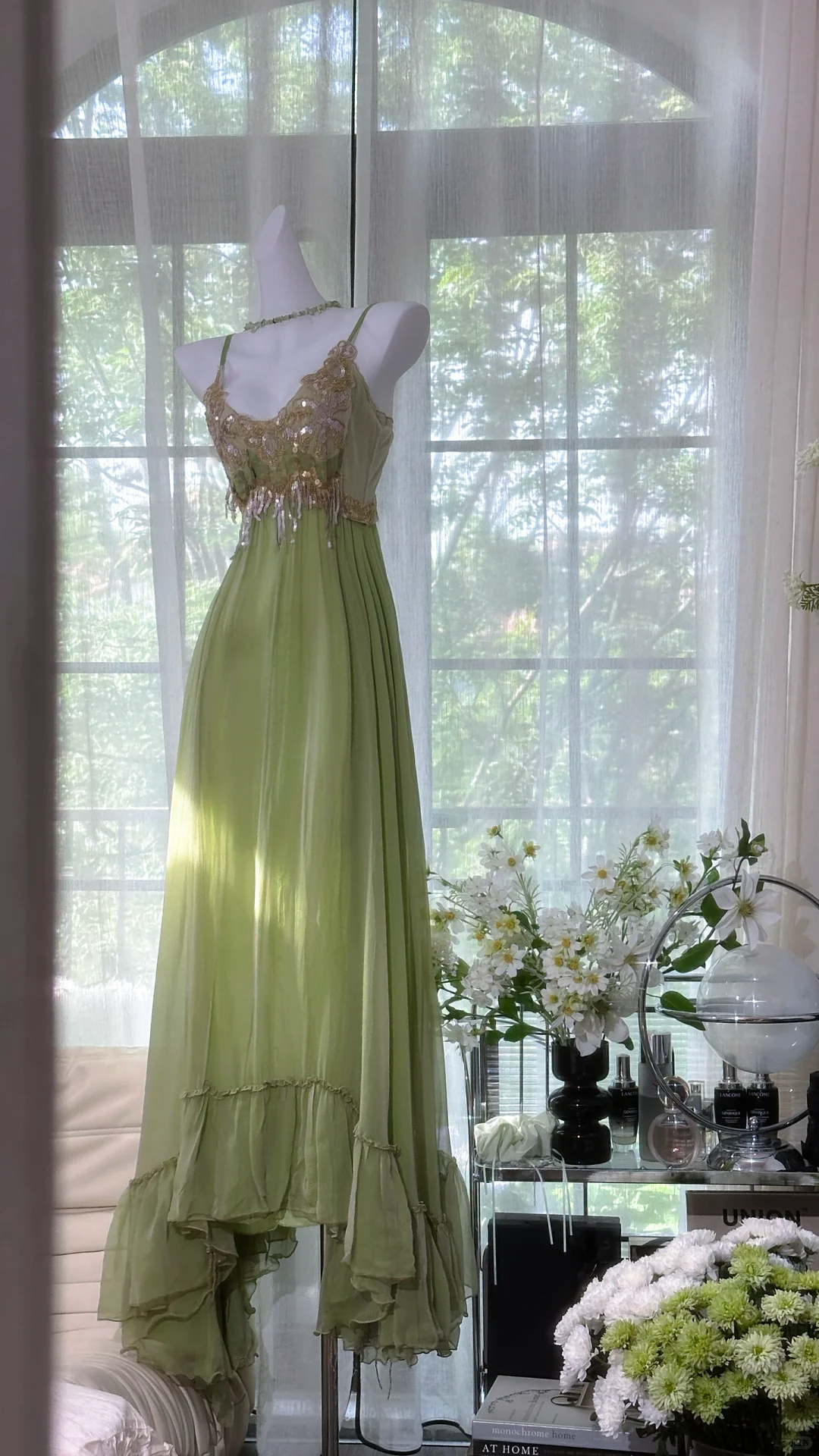 Elegant Spaghetti Straps Green Chiffon Sequin Mermaid Prom Dress Long Birthday Party Dress - View 3 | FashionDia