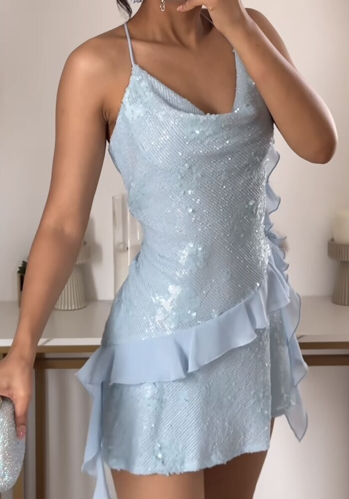 Gorgeous Blue Sequins Chiffon Homecoming Dress,Halter Sheath Cocktail Dress