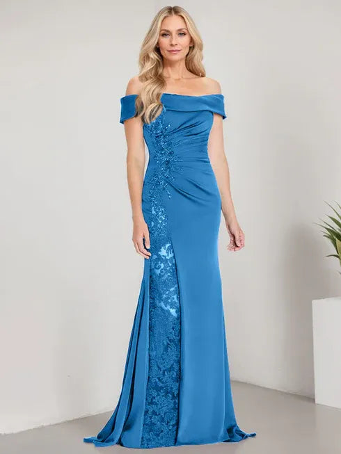 A-Line Off the Shoulder Floor-Length Mother of the Bride Dress Applique Beadings Mermaid Dress With High Split