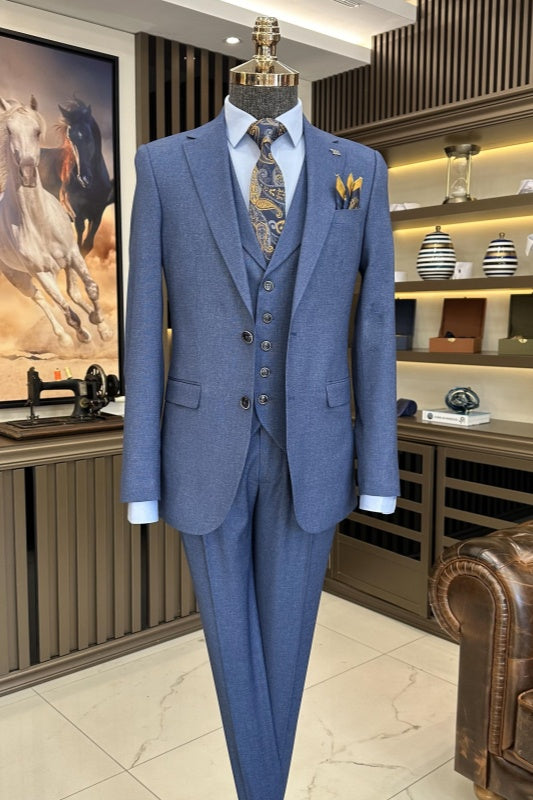 Ocean Blue Notched Lapel 3 Piece Business Men's Suit