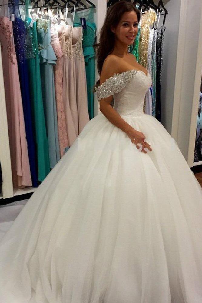 Off Shoulder Ball Gown Wedding Dress Sweeheart Crystals Wedding Gowns