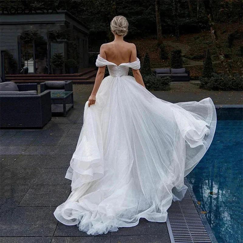 Off Shoulder Glitter Tulle Wedding Dresses Sweetheart Straps Bridal Gowns For Bride Robe De Mariée Beach Sweep Train For Women (ZD13314)