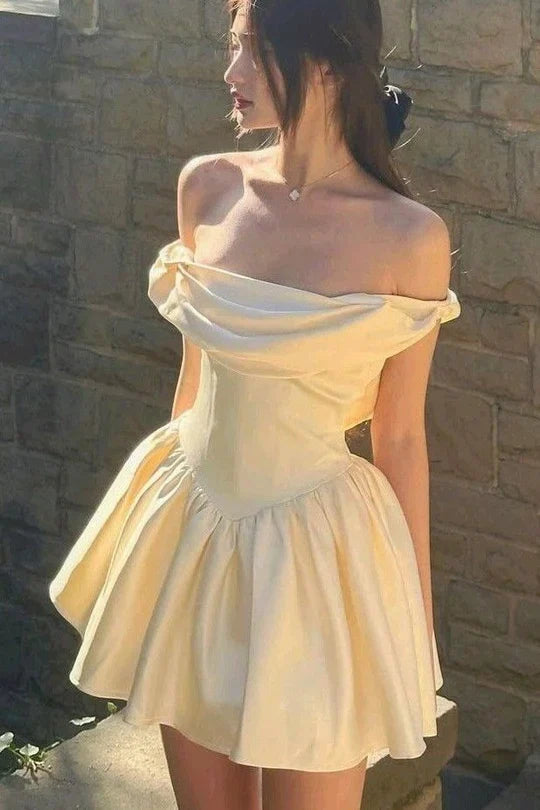 Off-Shoulder A-Line Satin Short Homecoming Dress Graduation Dress J10740