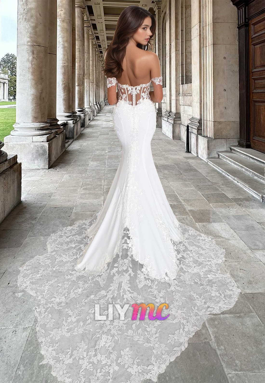 LW028 - Illusion Deep V neck Romantic Lace Appliques Mermaid Wedding Dress
