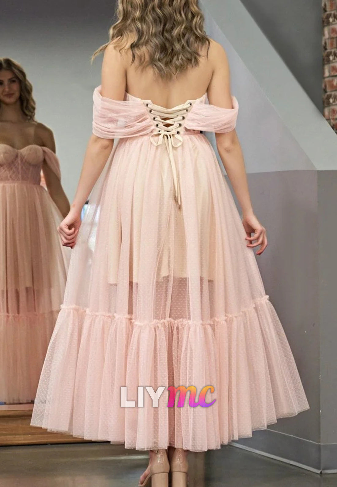 Off-Shoulder Sleeveless Pleated Tulle Formal Dress A-Line Prom Dress