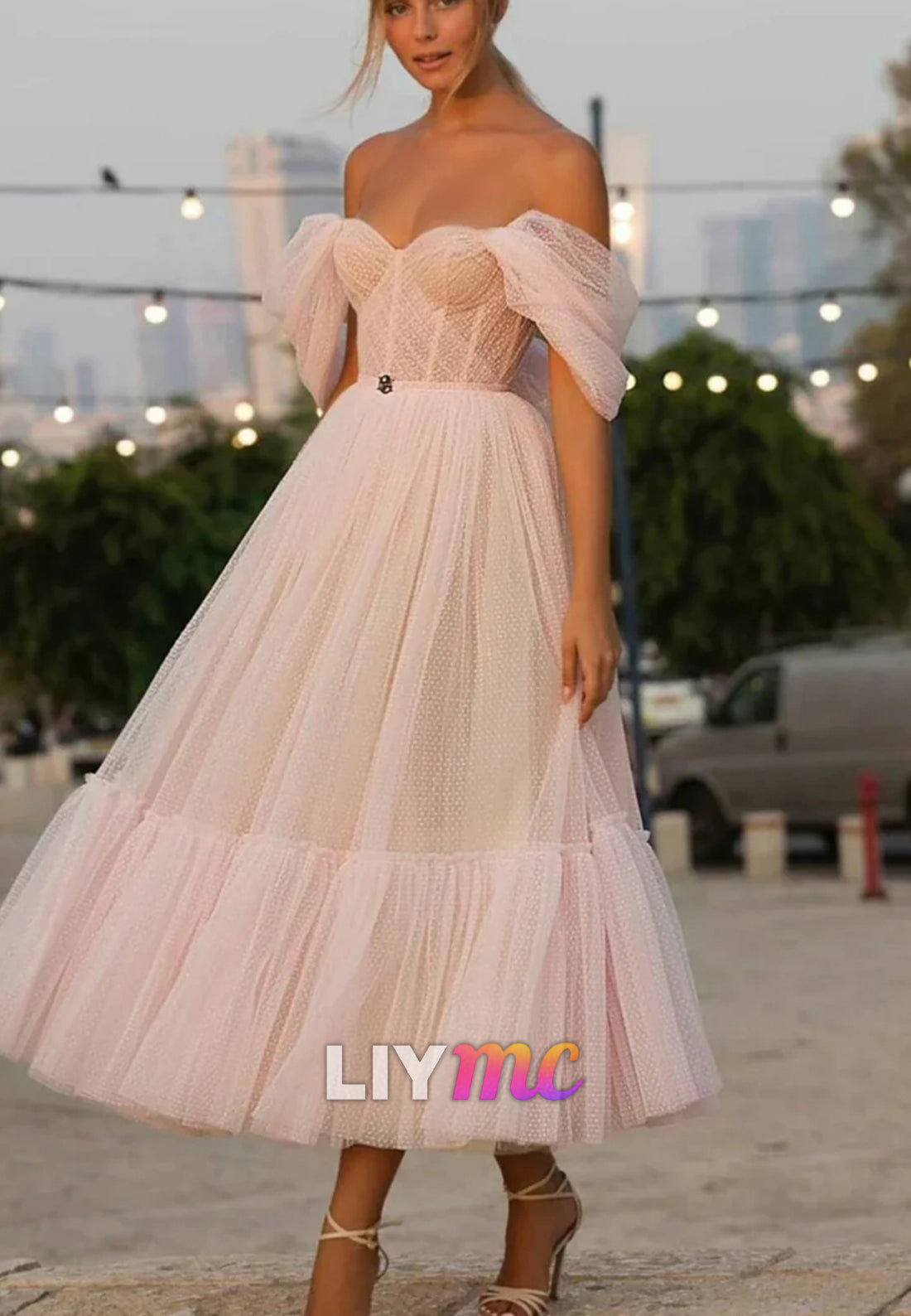 Off-Shoulder Sleeveless Pleated Tulle Formal Dress A-Line Prom Dress