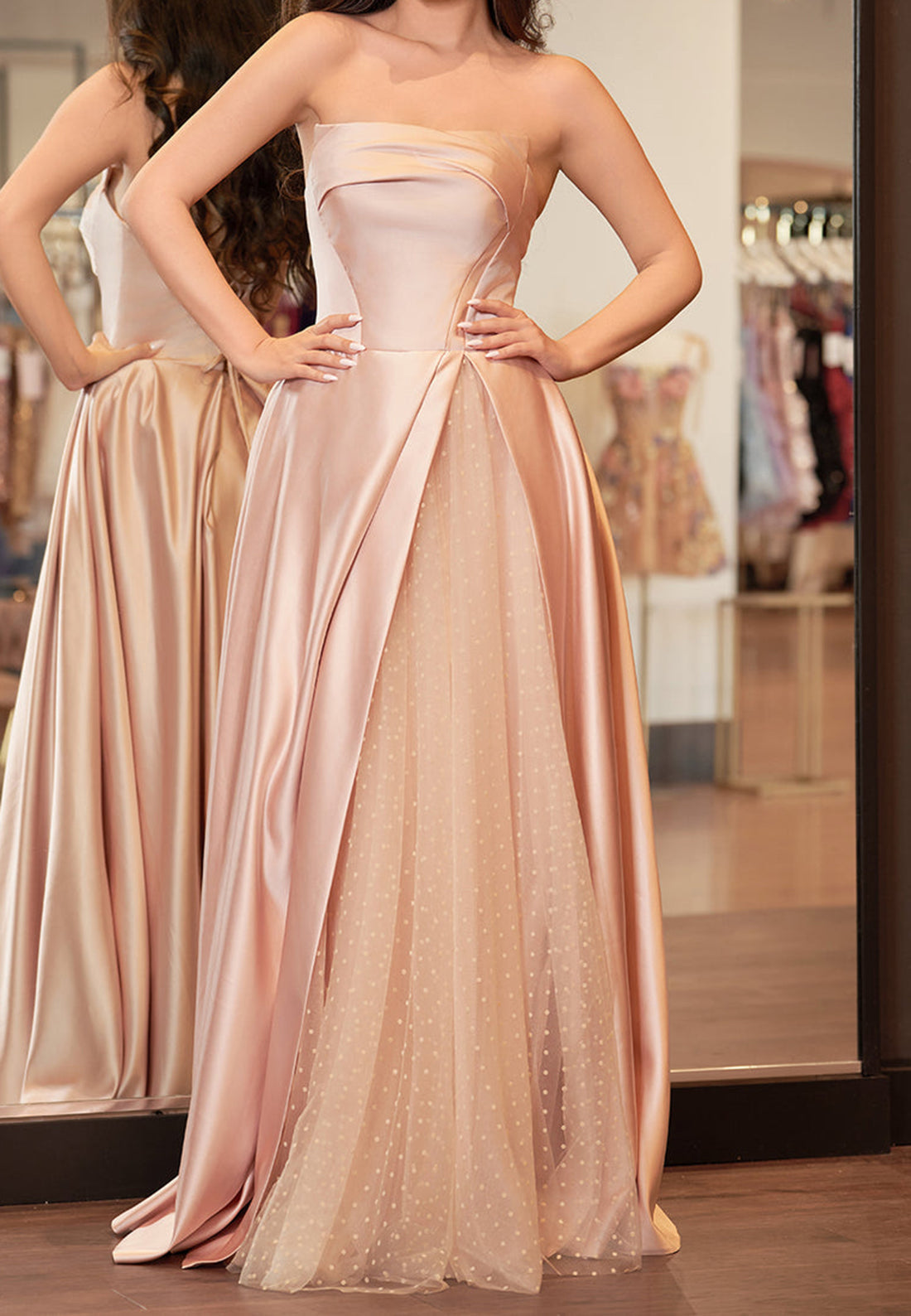 Off-Shoulder Sleeveless Satin Tulle Prom Dress A-Line Formal Dress