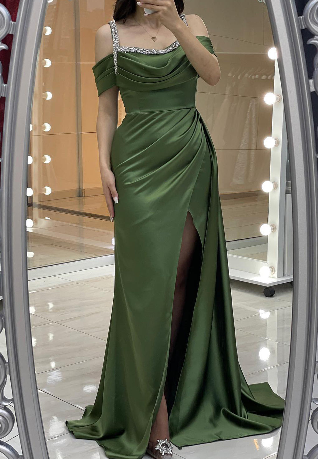 Off-Shoulder Straps Beaded Pleated Prom Dress Sheath Formal Dress