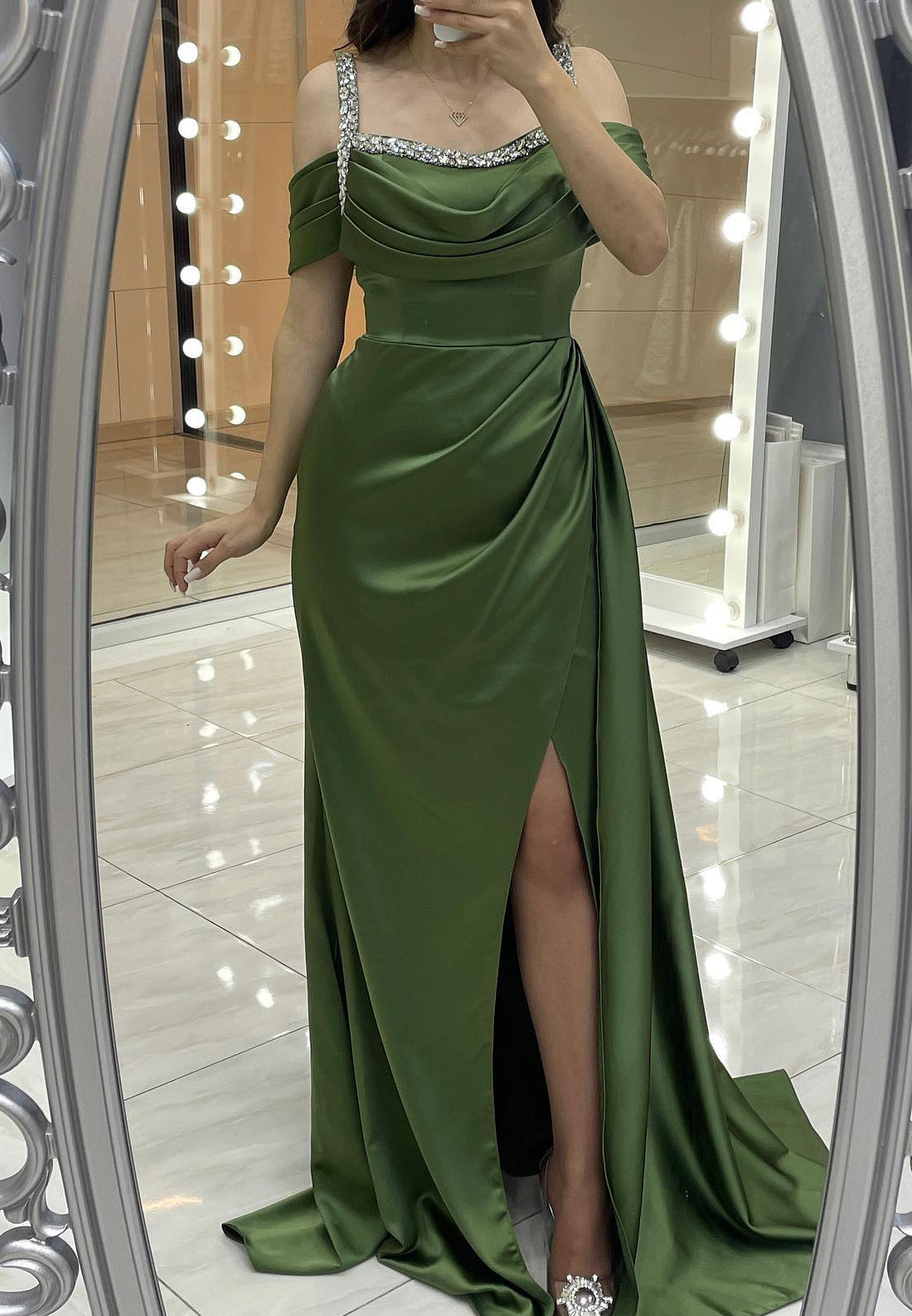 Off-Shoulder Straps Beaded Pleated Prom Dress Sheath Formal Dress