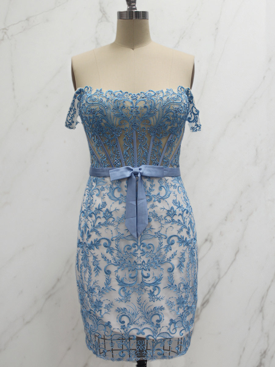 Blue Floral Off-Shoulder Lace Bodycon Homecoming Dress with Bow