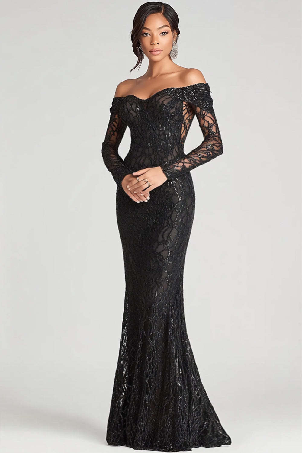 Off The Shoulder Black Wedding Guest Dress Sheath Formal Dress With Lace Long Sleeves