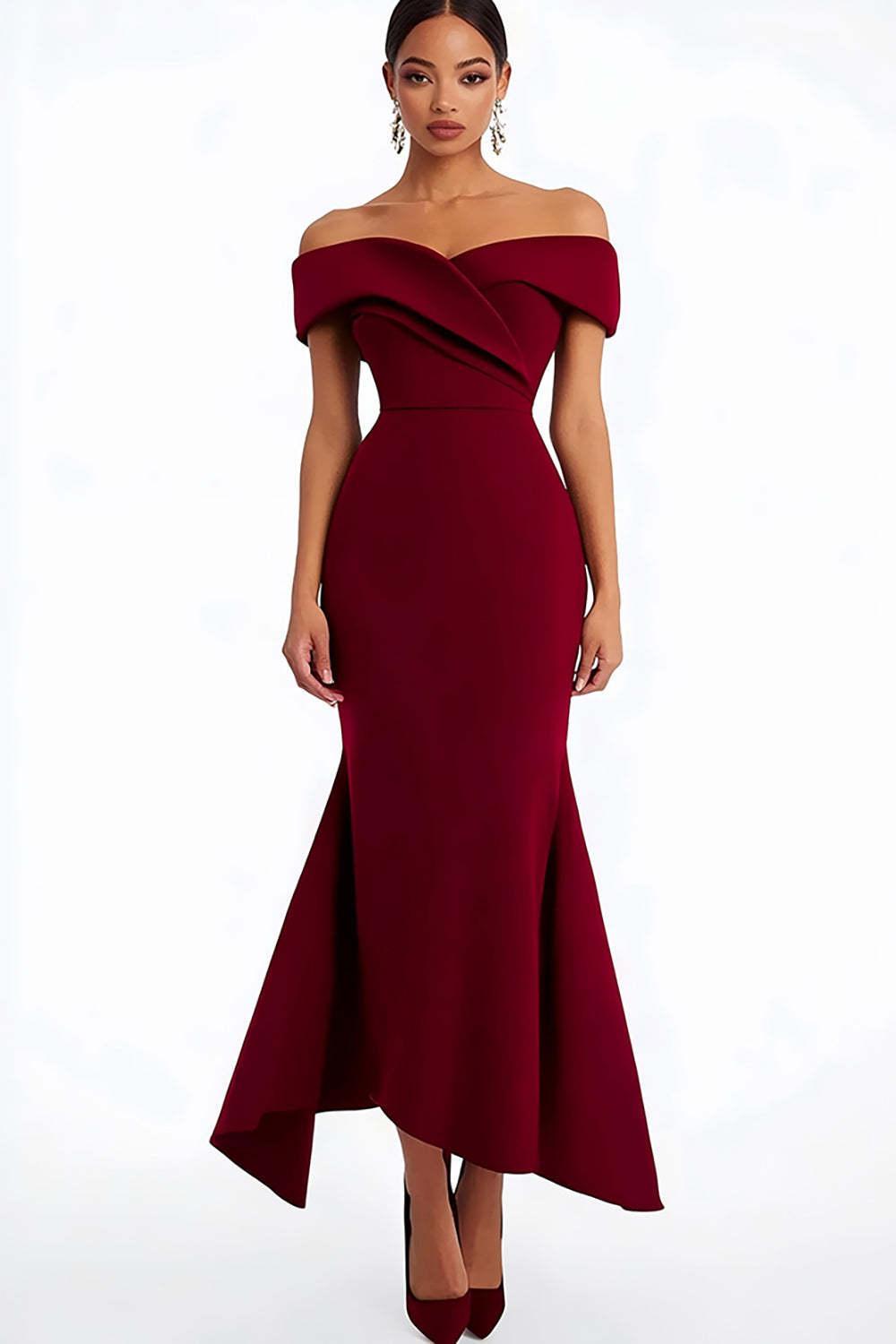 Off The Shoulder Burgundy Wedding Guest Dress Satin Ankle-Length Formal Dress