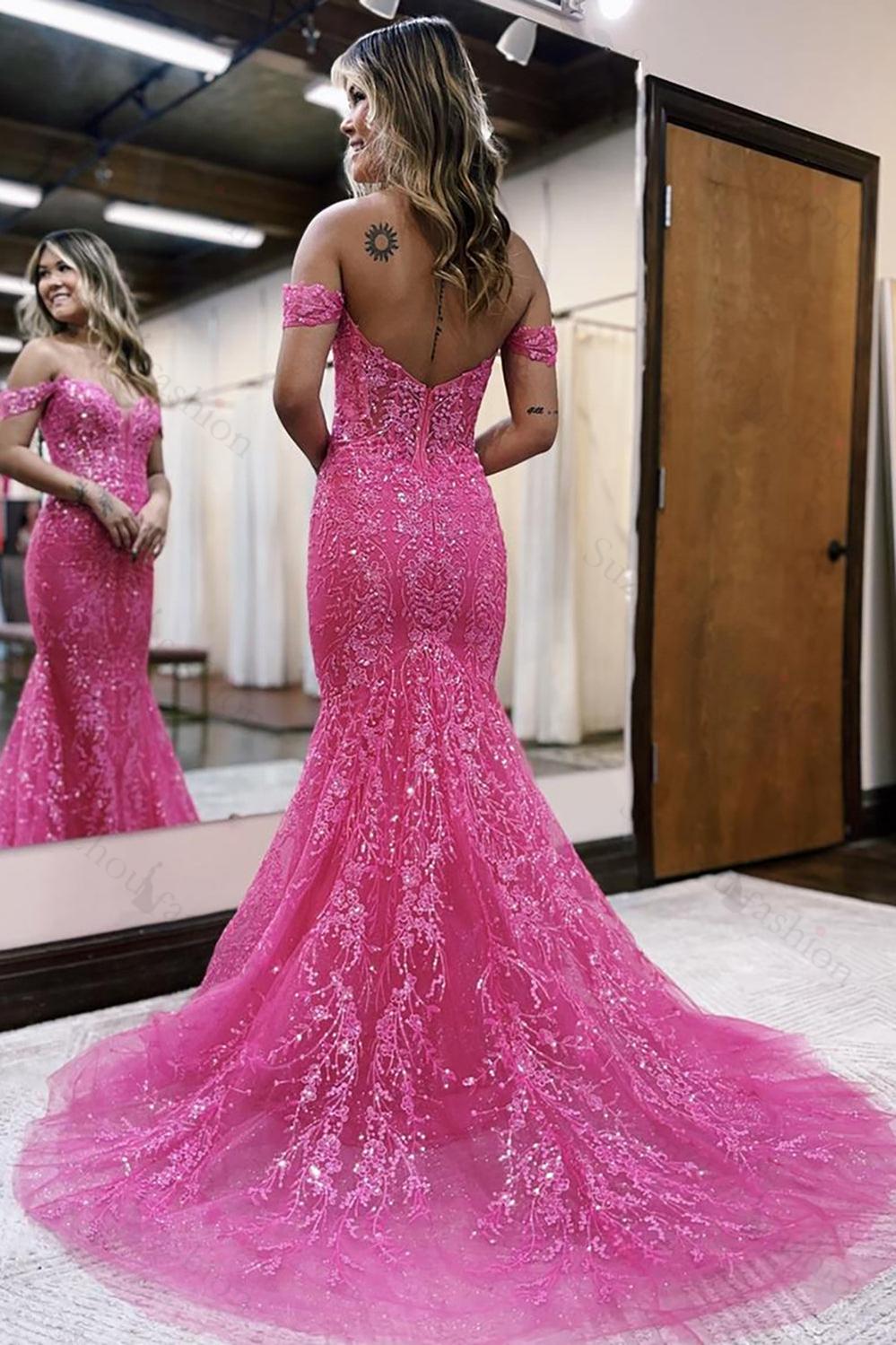 Off The Shoulder Fuchsia Prom Dress Mermaid Formal Dress With Lace