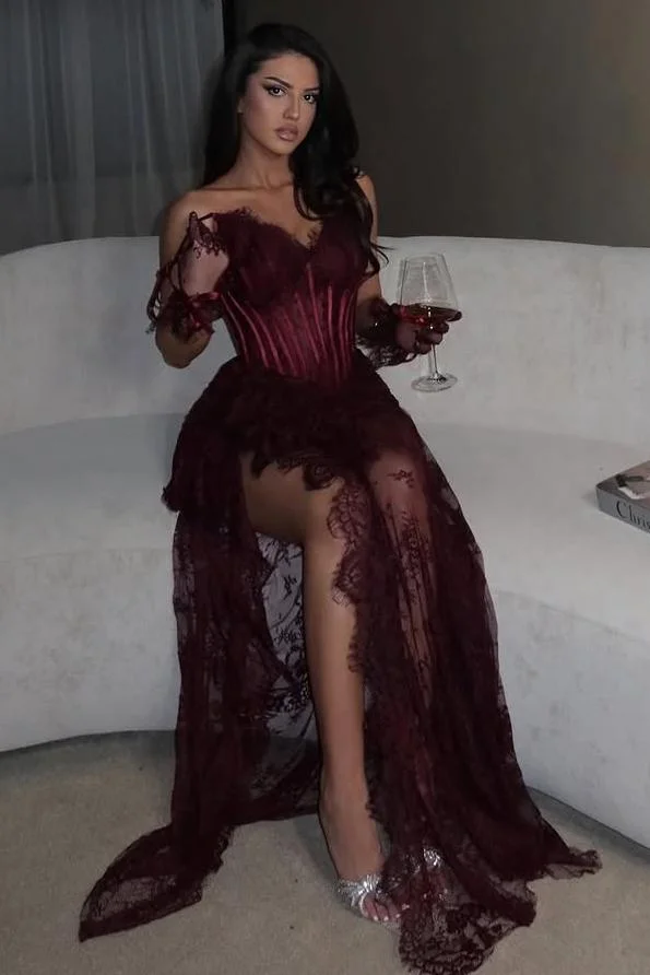 Off-The-Shoulder Lace Hot High Split Mermaid Prom Dresses