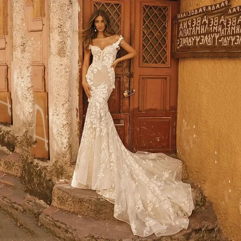Off The Shoulder Mermaid Wedding Dresses Backless Lace Vestidos De Novia Appliques Beach Country Vestido De Noiva by payinti